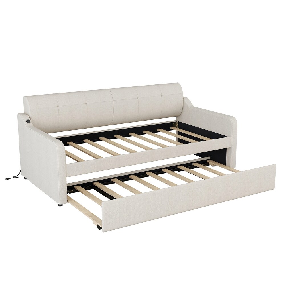 Twin Size Upholstered Daybed w/Trundle   USB Charging Design  Beige