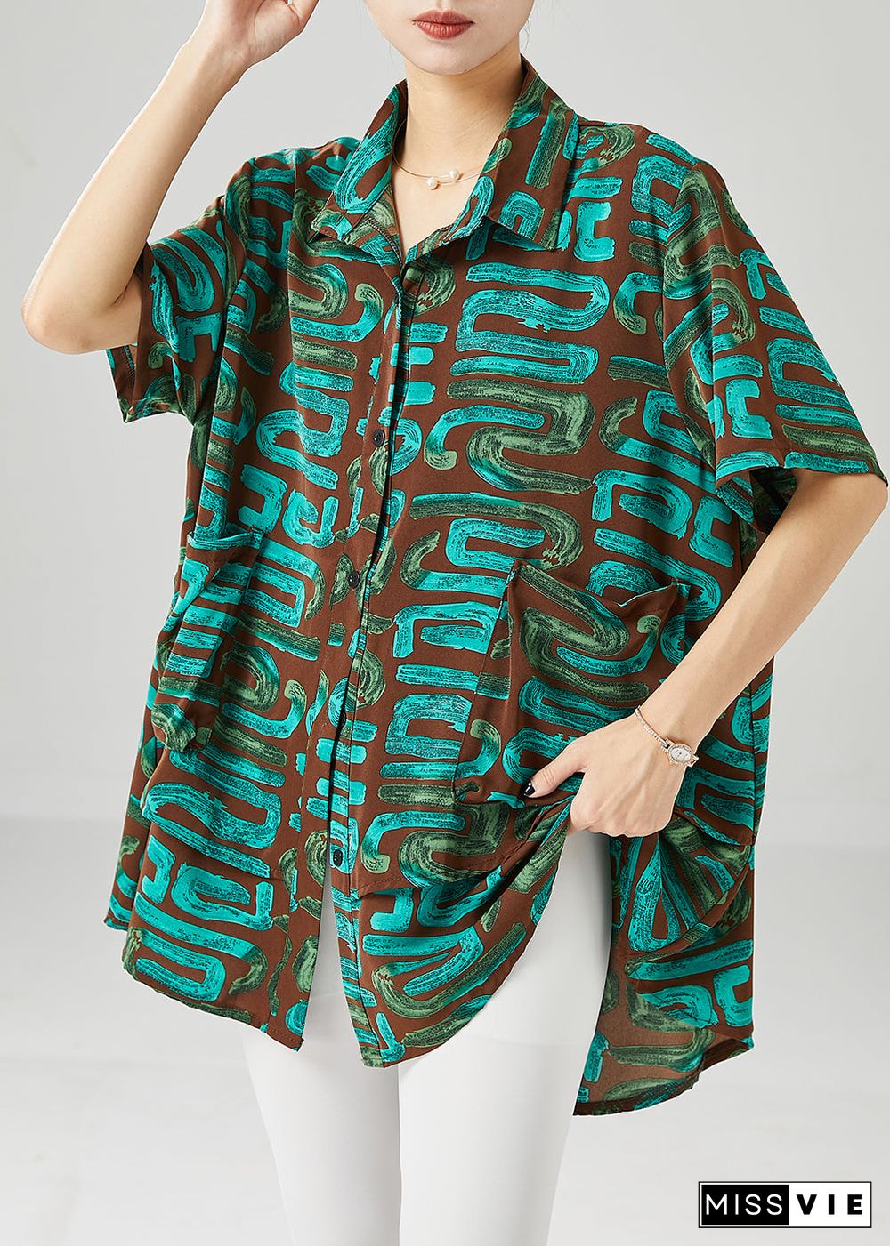 Green Print Spandex Blouses Oversized Summer