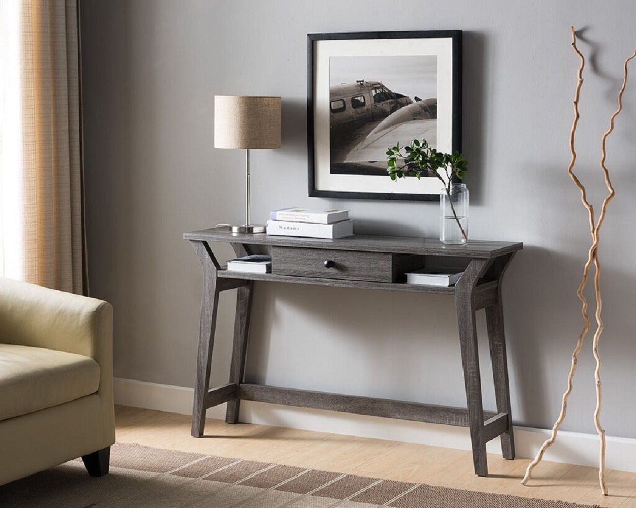 FC Design 47.25W Console Table with One Center Drawer and Two Side Shelf for Storage in Distressed Grey Finish