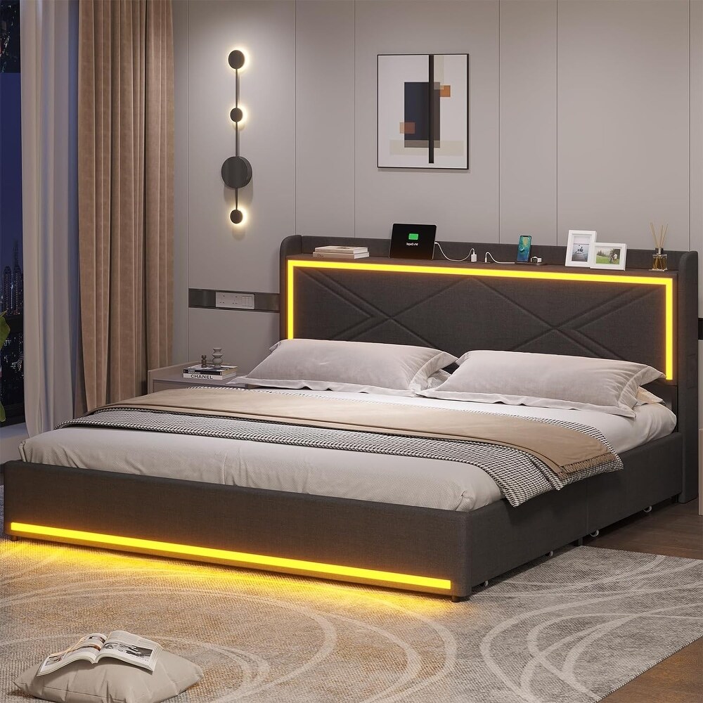 King Size Bed Frame with LED Lights Platform Bed