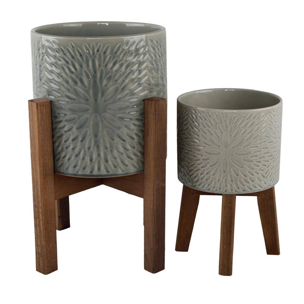 Flora Bunda 10 in. and 8 in. Olive Green Sunburst Ceramic Planter on Wood Stand Mid-Century Planter(Set of 2 ) CT796E2-TL