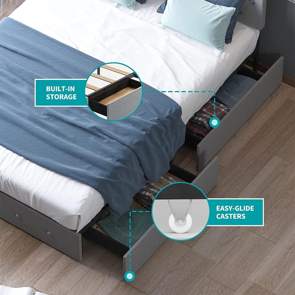 Mixoy Upholstered Platform Bed Frame with 4 Built in Storage Drawers   Adjustable Headboard