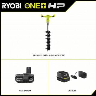 RYOBI ONE+ HP 18V Brushless Cordless Earth Auger with 6 in. Bit with 4.0 Ah Battery and Charger P2930