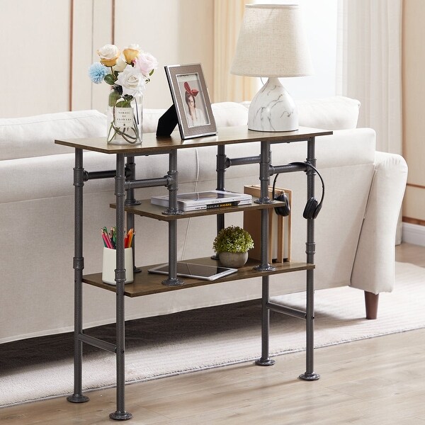 VECELO Modern Industrial Console Table with 3-tier Open Storage Shelves