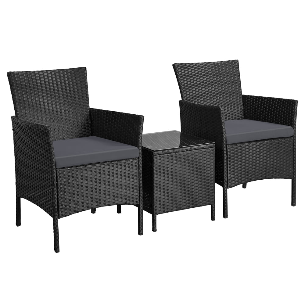 Topeakmart Set of 3 Rattan Chairs & Table Bistro Patio Porch Outdoor Garden Furniture Set Black/Grey