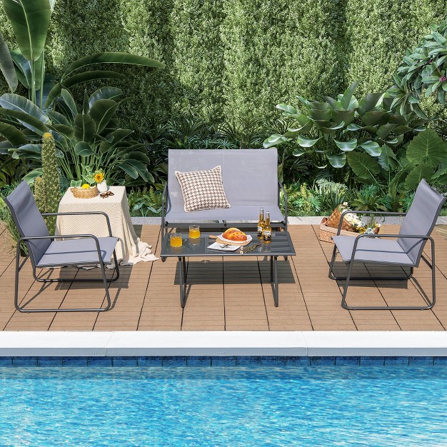 Costway 4 piece Metal Patio Furniture Chat Set Outdoor Conversation Table Garden