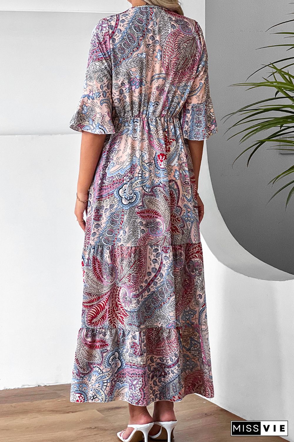 Paisley Floral Print Flare Sleeves Maxi Dress Wholesale