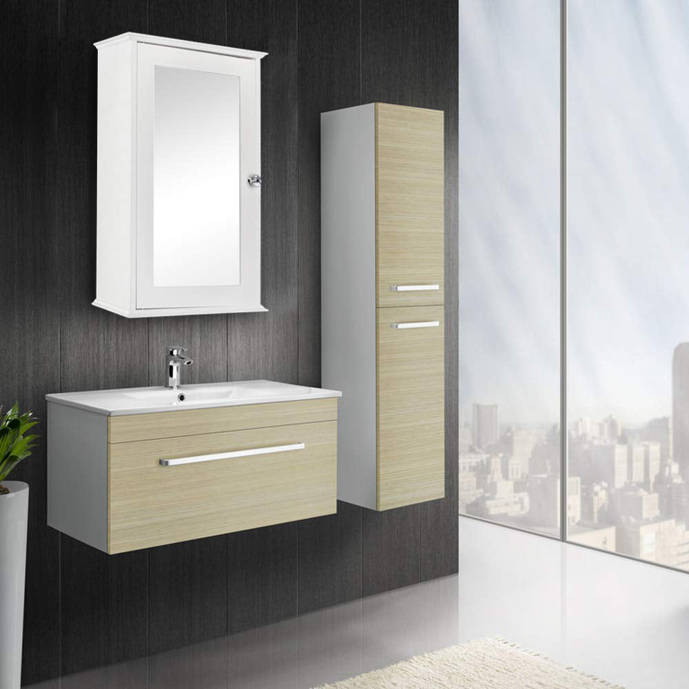 FCH Mirrored Bathroom Cabinet Wall Mount Storage Cabinet Single Doors Medicine Cabinet White