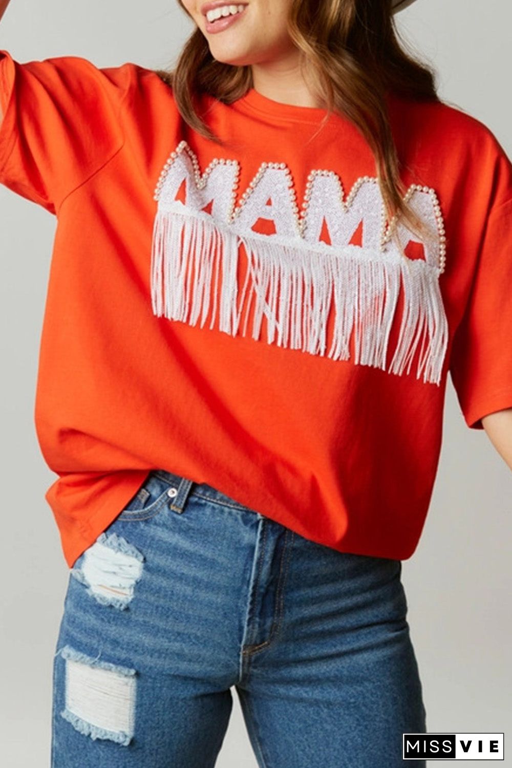 Orange Fringe Trim Beaded MAMA Lettering Oversize T Shirt