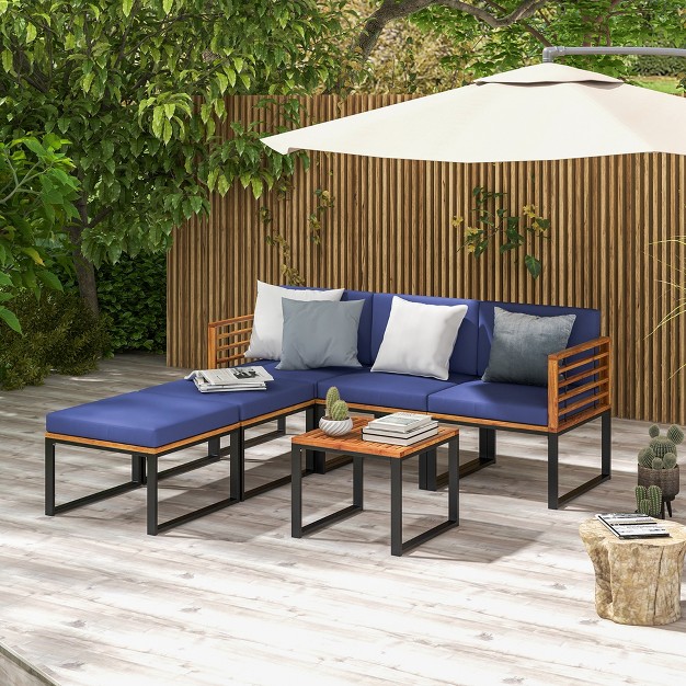 Costway 6pcs Patio Acacia Wood Conversation Sofa Seat Set Ottomans Table Outdoor Navy