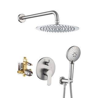 Mondawe Mondawell Round 3-Spray Patterns 10 in. Wall Mount Rain Dual Shower Heads with Handheld and Valve in Brushed Nickel MA-D96202BN