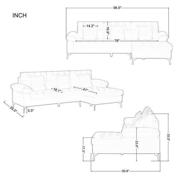 3 Seat L-shaped Sectional Sofa Velvet Upholstered Sofa and Right Hand Facing Chaise