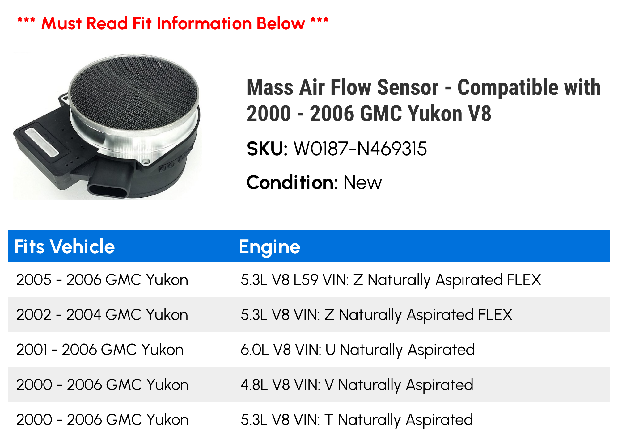 Mass Air Flow Sensor - Compatible with 2000 - 2006 GMC Yukon V8 2001 2002 2003 2004 2005