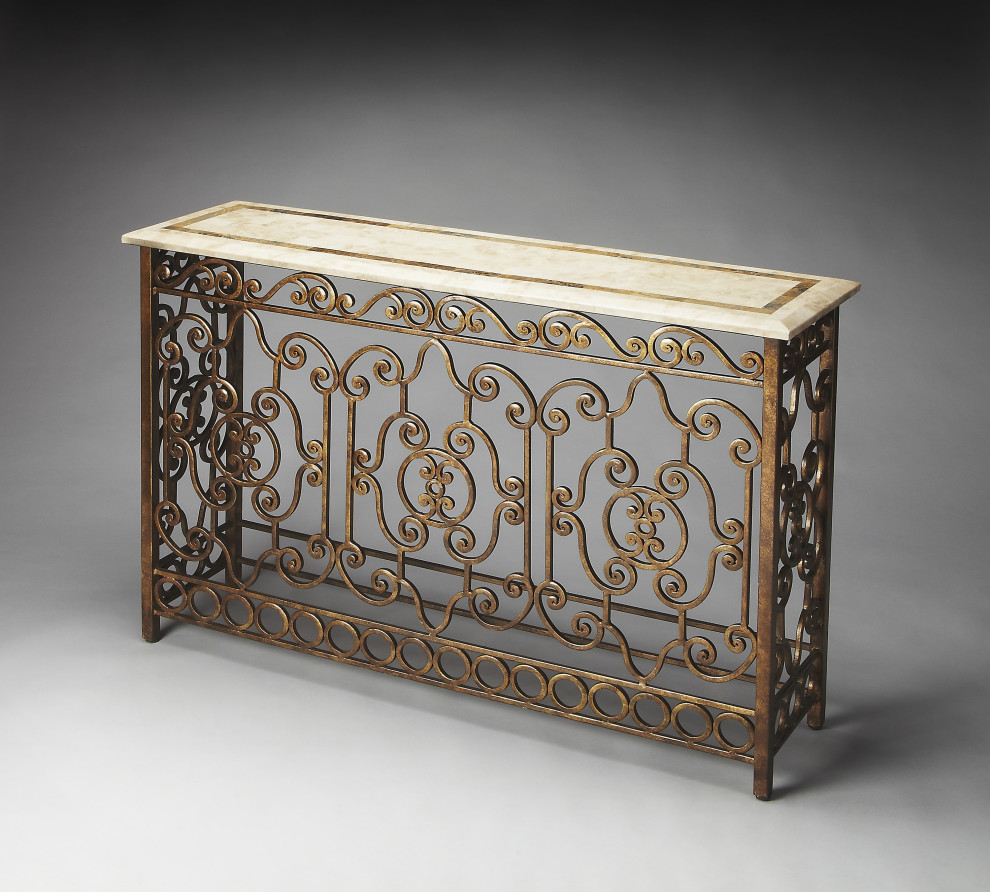 Contessa Iron  ampFossil Stone Console Table   Mediterranean   Console Tables   by HedgeApple  Houzz