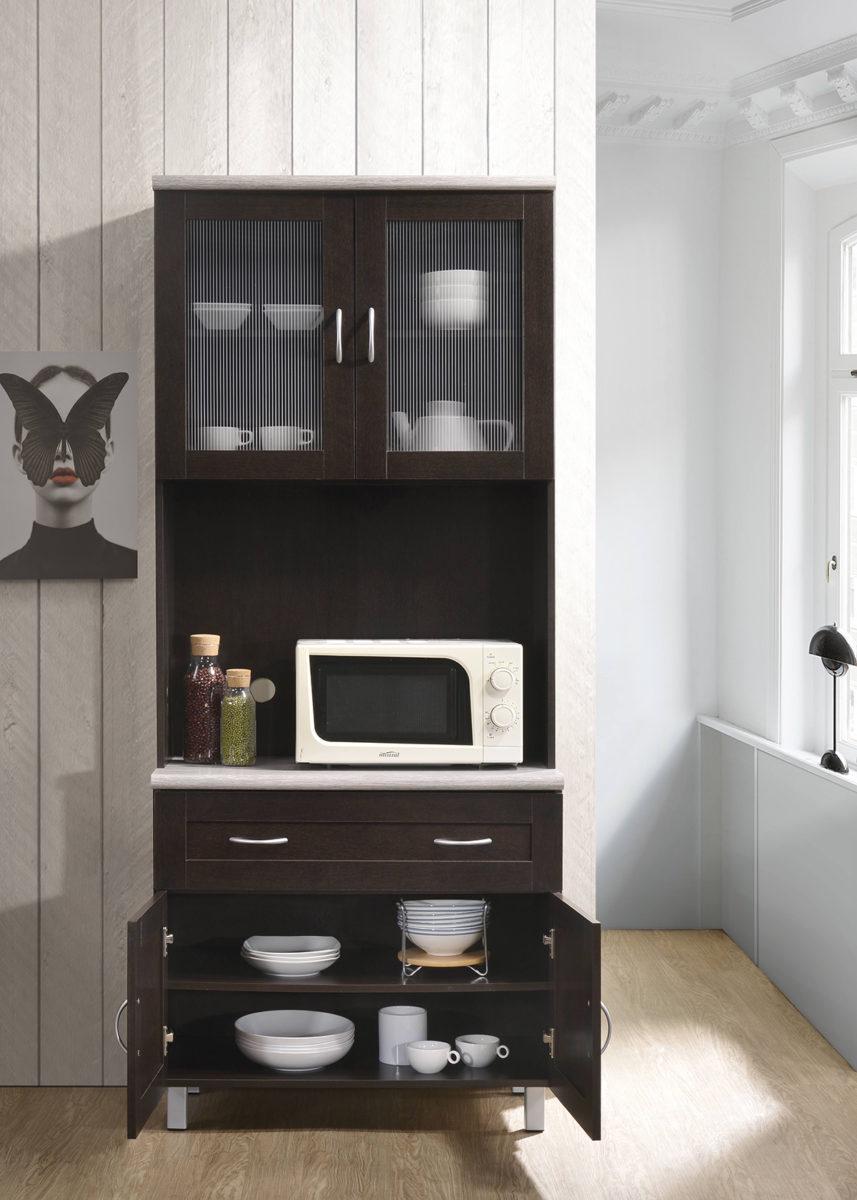 Hodedah Tall Kitchen Cabinet， Chocolate-Grey