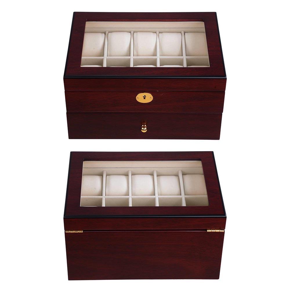 20-Slot Walnut Matte Finish Wood Watch Display Case