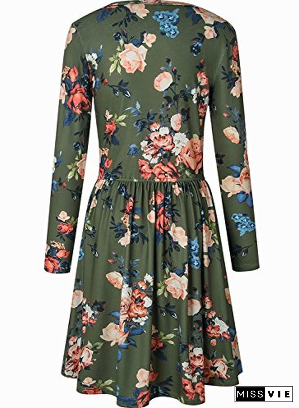 Casual Round Neck Elastic High Waist Floral Midi Dress