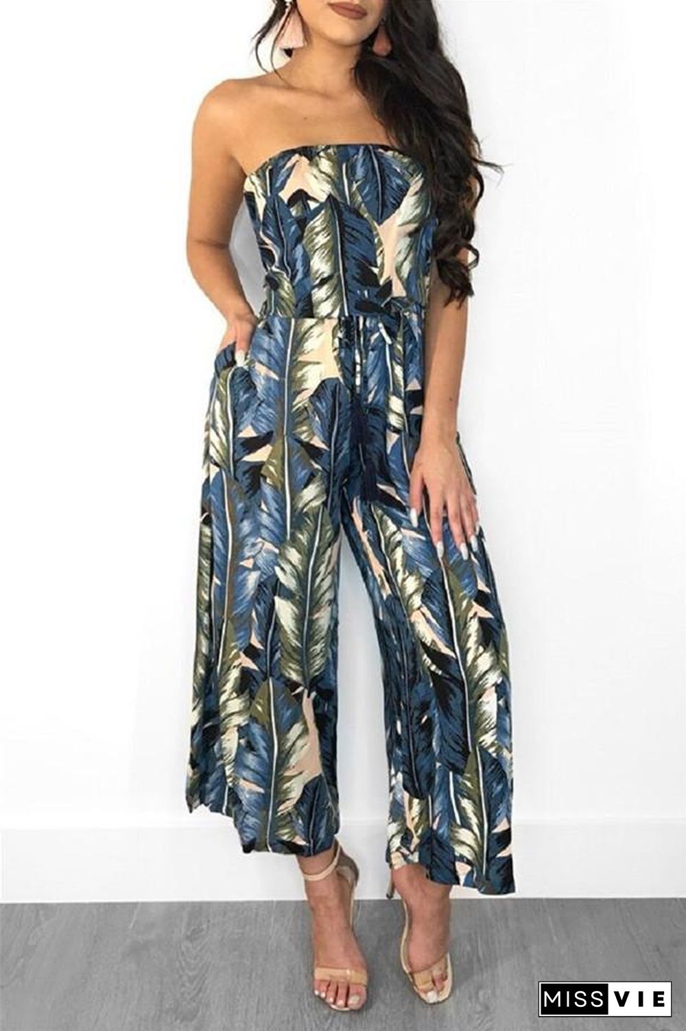 Strapless Feather Print Open Back Jumpsuit