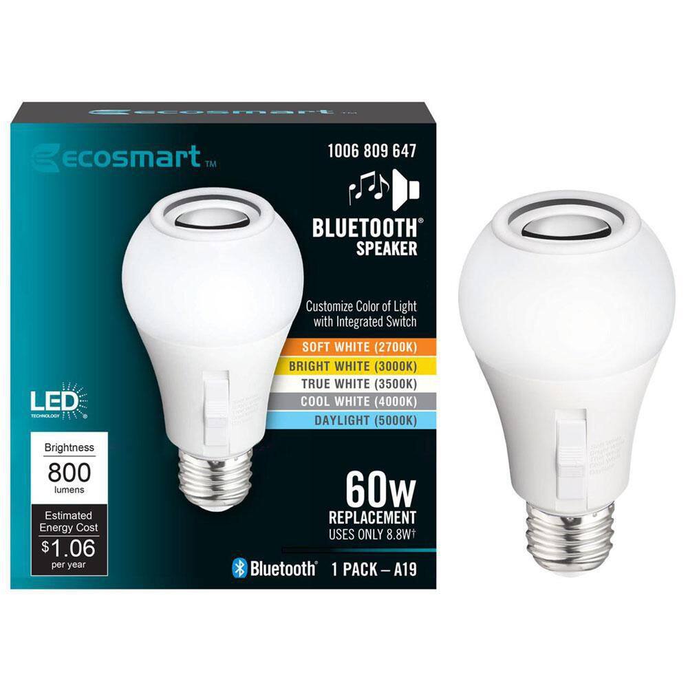 EcoSmart 60-Watt Equivalent A19 CEC Bluetooth Speaker LED Light Bulb with Selectable Color Temperature (1-Pack) BTOM605CCTCAESM