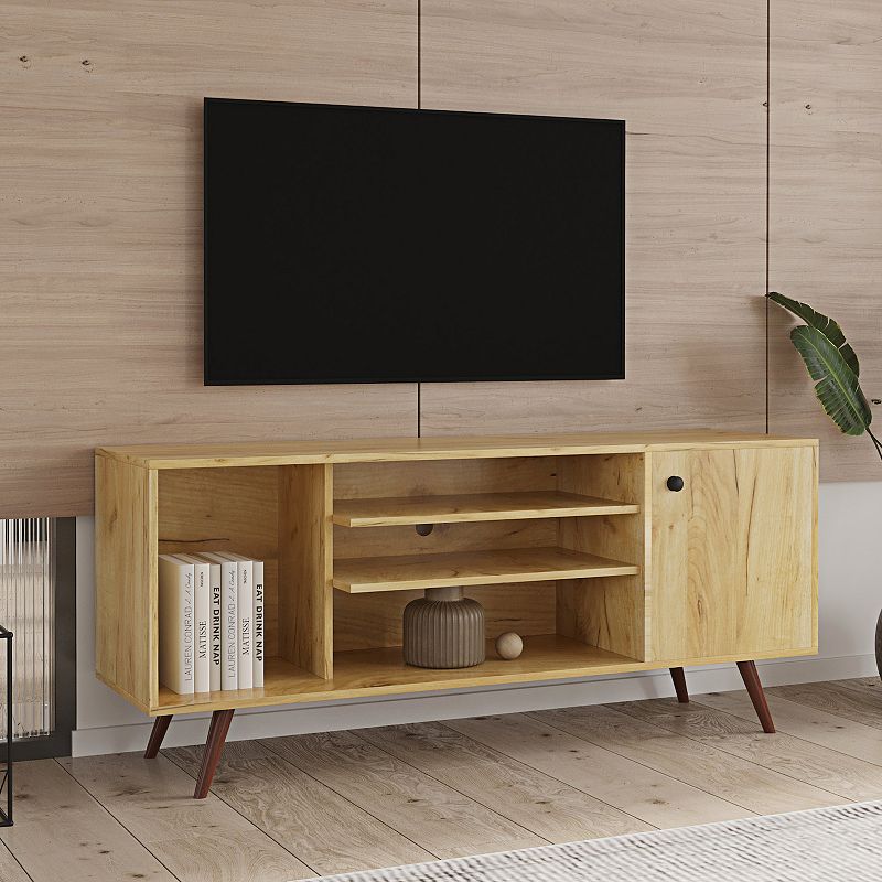 FC Design Mid-Century TV Stand for TVs up to 60 Inches， Entertainment Center with Open Storage Shelves and Cabinet， Modern TV Console for Living Room， Rustic Oak.