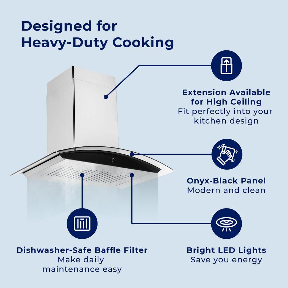 HAUSLANE 30 in Convertible Wall Mount Range Hood with Tempered Glass Baffle Filters in Stainless Steel