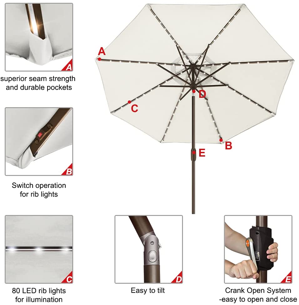 EliteShade Solar Umbrellas 9ft Market Umbrella with 80 LED Lights Patio Umbrellas Outdoor Table Umbrella with Ventilation and 5 Years Non-Fading Top,Natural White