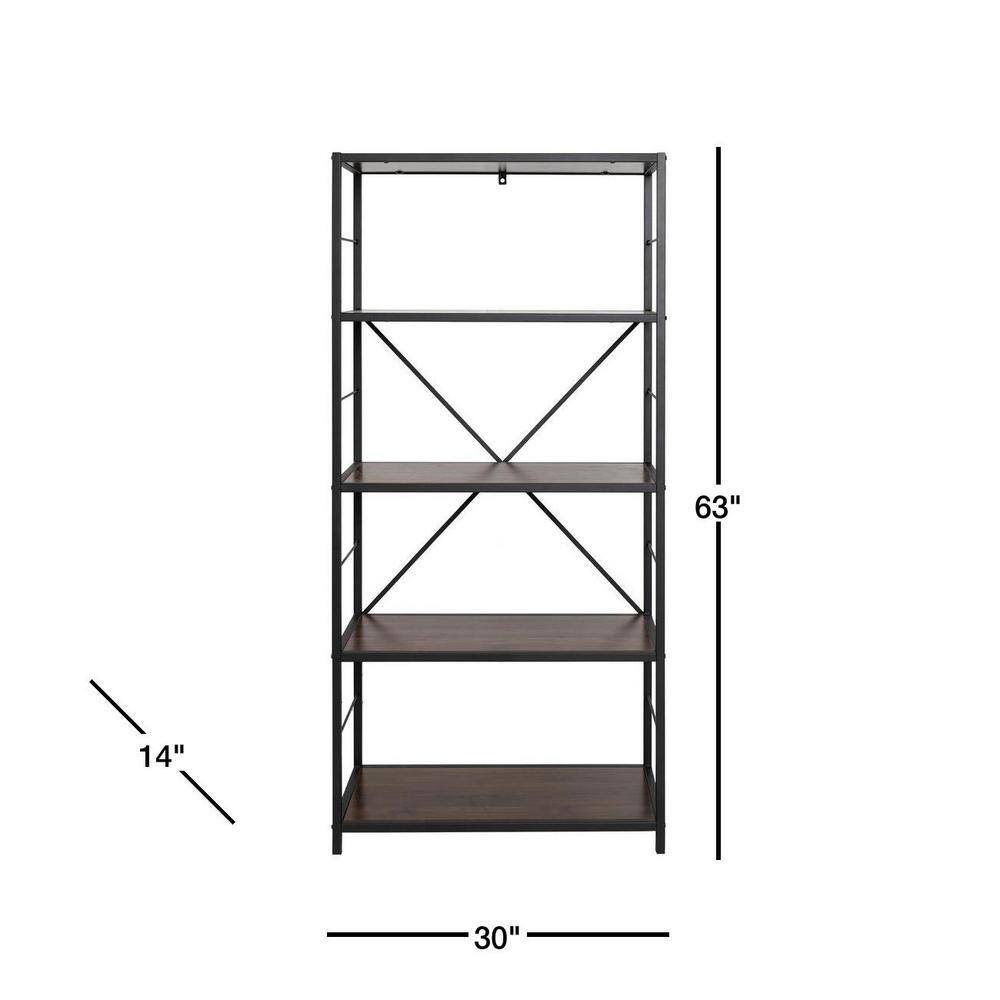 Walker Edison Furniture Company 63 in. Dark WalnutBlack Metal 4-shelf Etagere Bookcase with Open Back HDS60RMWDW