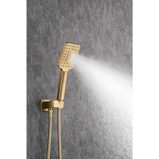 Mondawe Mondawell Square 3-Spray Patterns 12 in. x 8 in. Wall Mount Rain Dual Shower Heads with Handheld  Valve in Brushed Gold MA-D97202LSJ