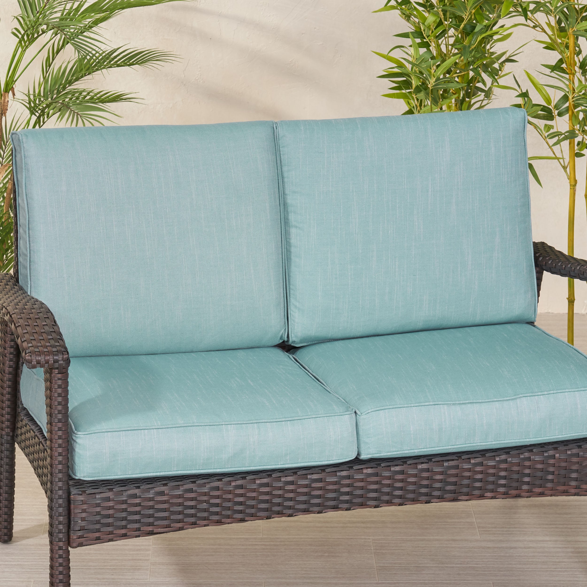 GDF Studio Massey Outdoor Water Resistant Fabric Loveseat Cushions with Piping， Teal