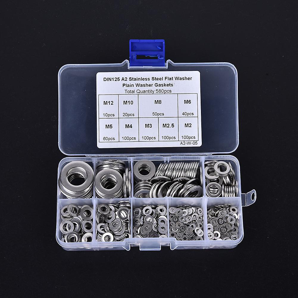 580 Pcs Stainless Steel Flat Washers 9 Sizes M2-m12 Washers Assortment Set For Home And Factories