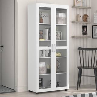 FUFUGAGA 72 in. H x 31.5 in. W White Wood 5-Shelf Accent Bookcase Bookshelf With 2-Door and Adjustable Shelves KF200050-01-cc