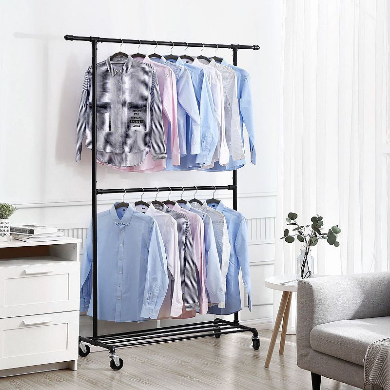 Double Hanging Rod Metal Clothing Rack， Industrial Style Clothes Garment Rack on Wheels