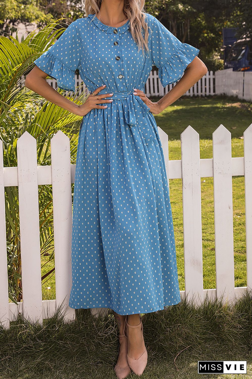 Ruffle Sleeves Polka Dot Buttoned Long Dress