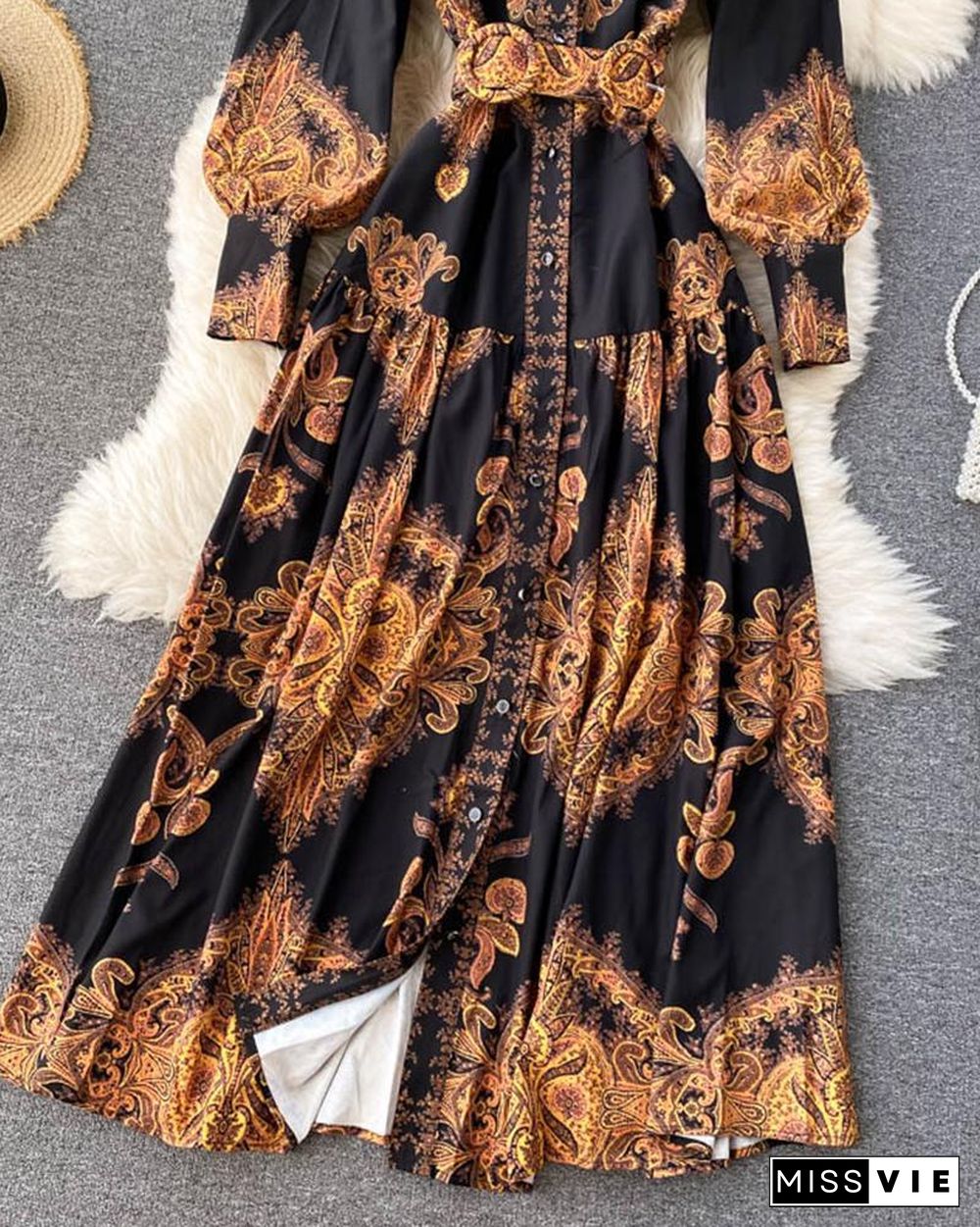 Vintage All Over Print Long Sleeve Maxi Dress With Belt P16174