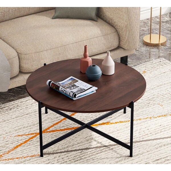 EPOWP Modern Round coffee table，Black color frame with walnut top-36