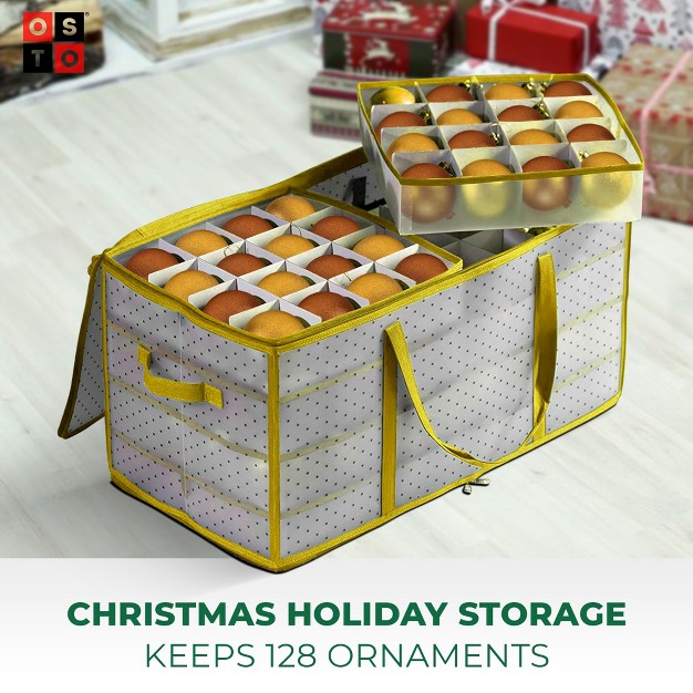 Osto Clear Plastic Christmas Ornament Storage Box Stores Up To 128 Ornaments Of 3 2 way Zipper carry Handles Tear Proof And Waterproof