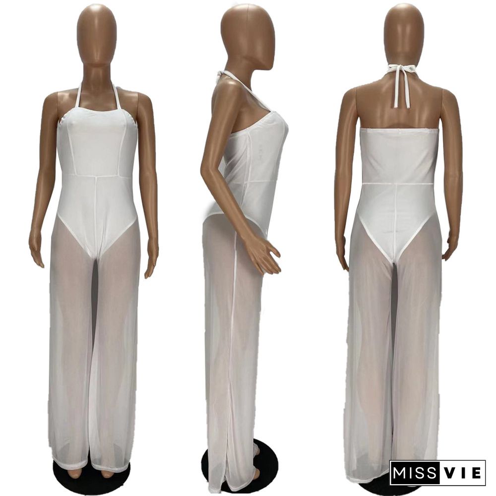 Sexy Solid Color Mesh Splice Sleeveless Wide Leg Jumpsuit