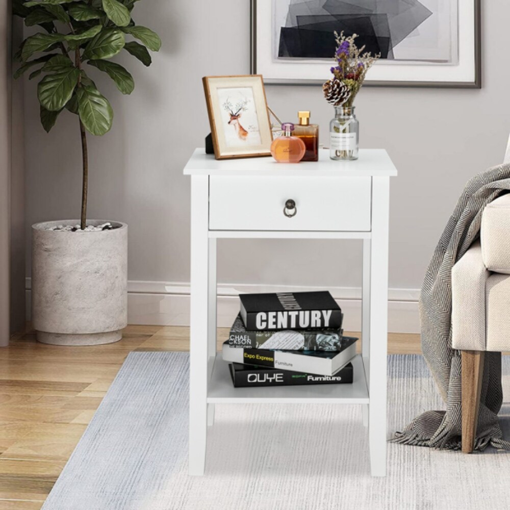 Two layer Bedside Cabinet Coffee Table with Drawer White   (18.11 x 14.17 x 27.56)\