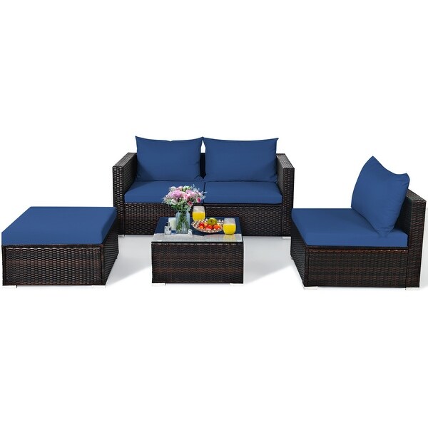 Gymax 5PCS Cushioned Rattan Patio Conversation Set w/ Ottoman Navy