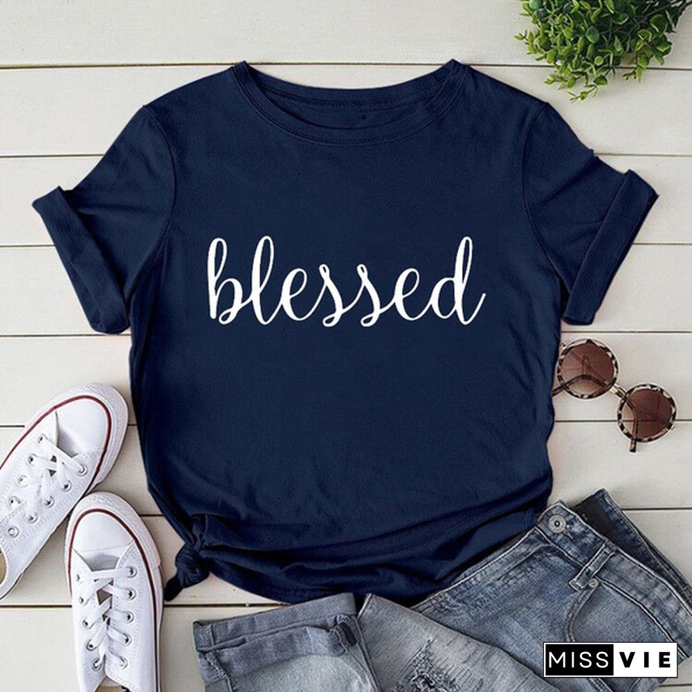 Women's Fashion Printed Blessed Print T-shirts Summer Casual Loose Round Neck Creative Personalized T-shirts