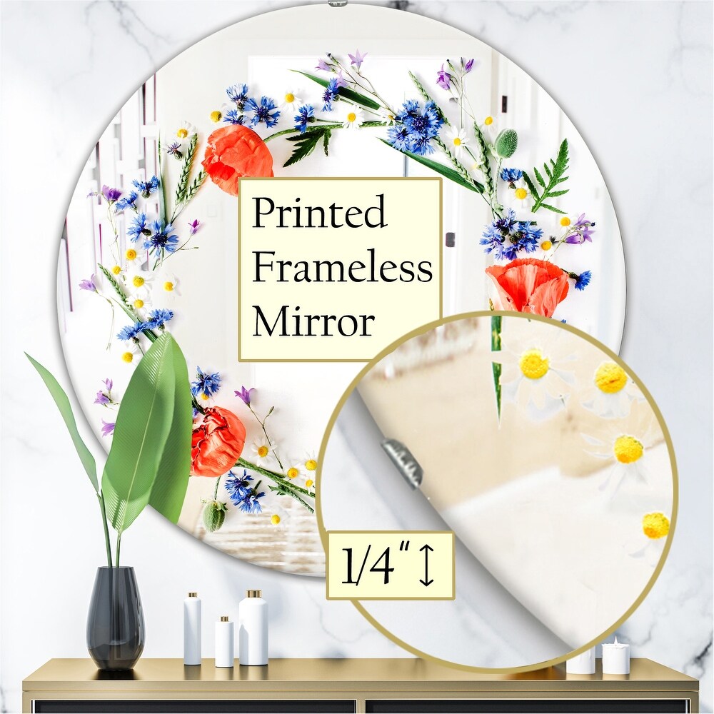 Designart 'Orange and Blue Flowers' Printed Cabin and Lodge Round Decorative Mirror   Red