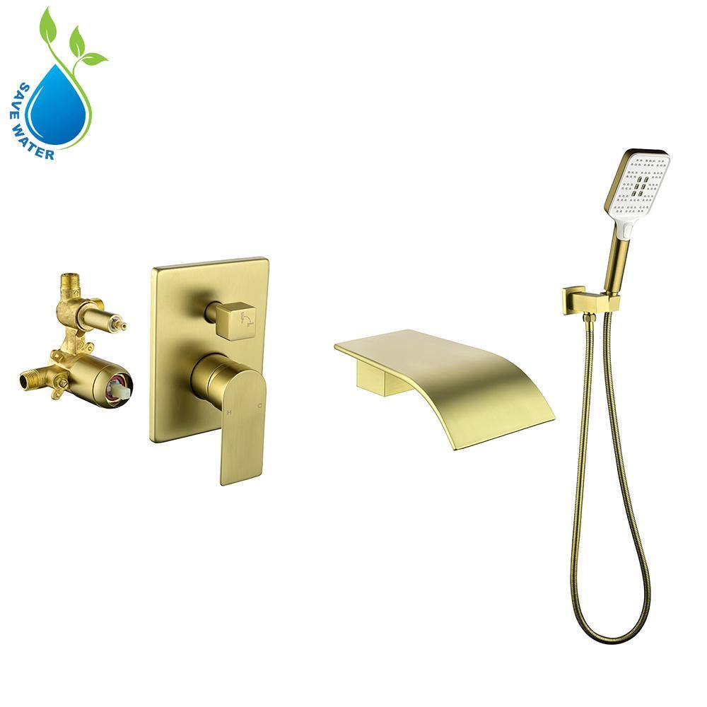 UKISHIRO 4.07 in. Single-Handle 3-Spray 1.8 GPM Adjustable Hand Shower and Wall Mounted Tub Spout in Gold (Valve Included) SMDJEO316001