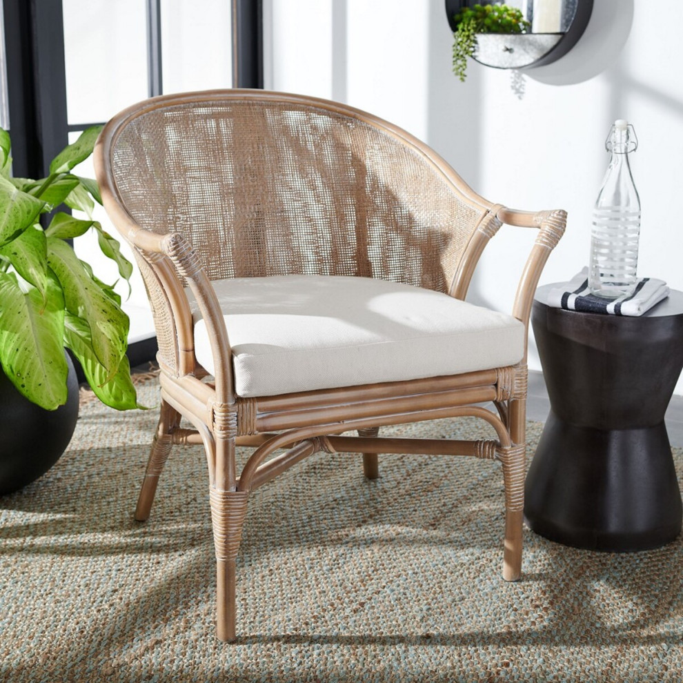 Stella Rattan Accent Chair With Cushion Grey Whitewash/ White   Tropical   Armchairs And Accent Chairs   by Peachtree Fine Furniture  Houzz