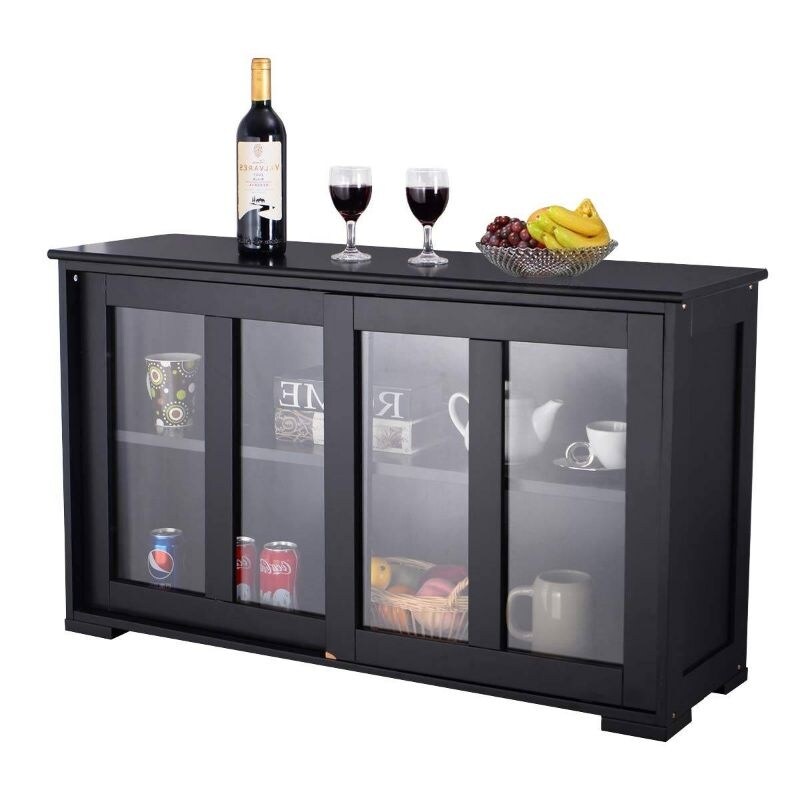 Black Sideboard Buffet Dining Storage Cabinet with 2 Glass Sliding Doors   24.6'' H x 41.9'' L x 13'' W