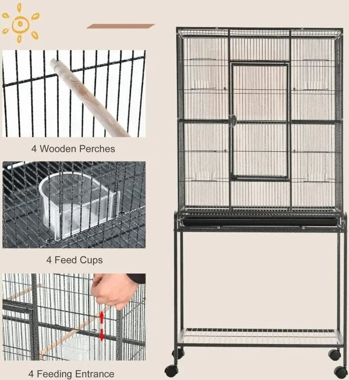 PawHut 65-in Double Rolling Metal Bird Cage， Black and Gray