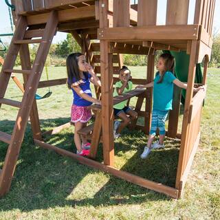 Swing-N-Slide Playsets Elkhorn Ready-To-Assemble Outdoor Wooden Playset with Slide Rock Wall Swings and Backyard Swing Set Accessories WS 8357