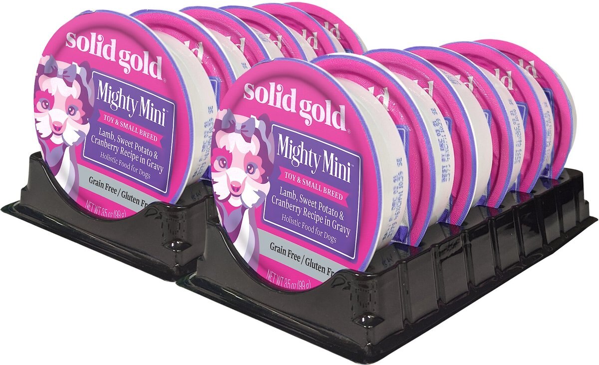 Solid Gold Mighty Mini Lamb， Sweet Potato and Cranberry Toy and Small Breed Recipe Grain-Free Dog Food Trays