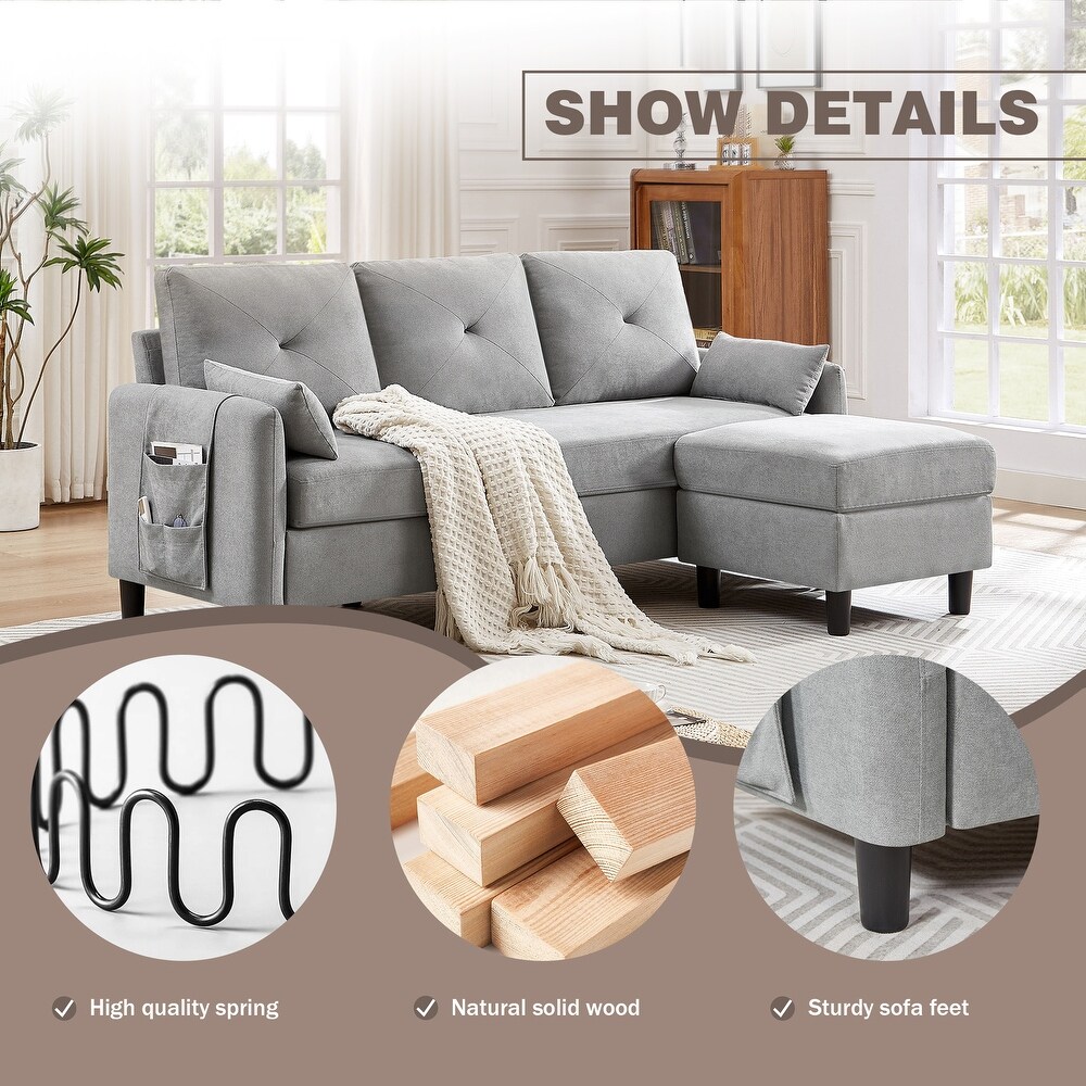 77.36 Inches Modern Sectional Sofa with Reversible Ottoman and Side Storage Pocket