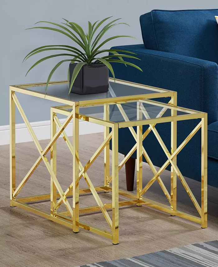 Monarch Specialties Tempered Glass 2 Pcs Set Nesting Table in Gold