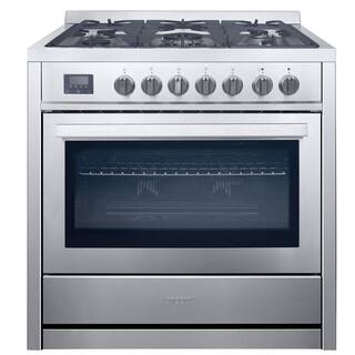 Ancona 36 in. 3.8 cu. ft. 5-Burners Dual Fuel Gas Range in Stainless Steel with True European Convection Oven AN-2221